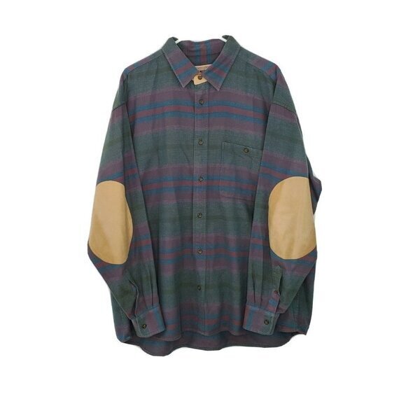 Cabelas Striped Button Up Long Sleeve Elbow Patch Suede Leather Accent‎ Shirt XL - Picture 1 of 6